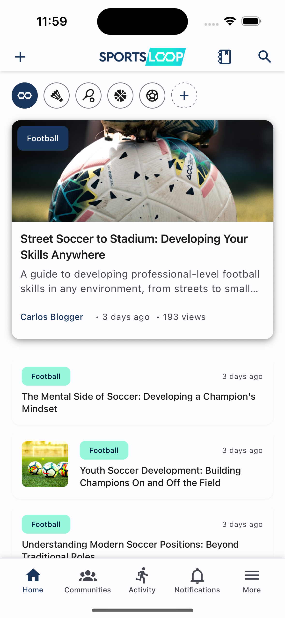 Sports articles and content